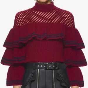 Self-Portrait Burgundy Striped Mock Neck Sweater